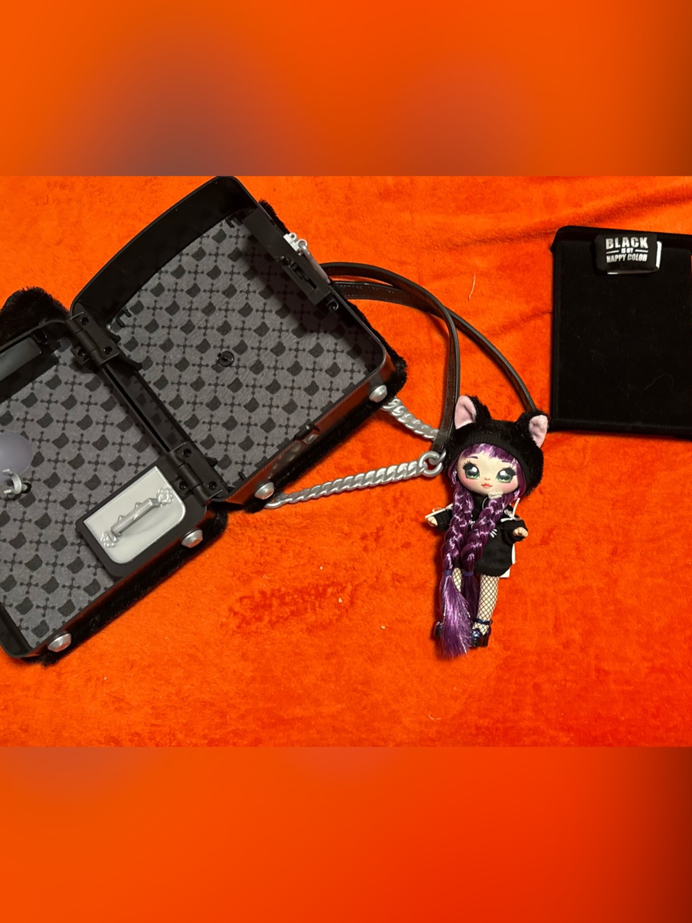 Nanana Surprise Black Cat Doll with mini backpack storage box